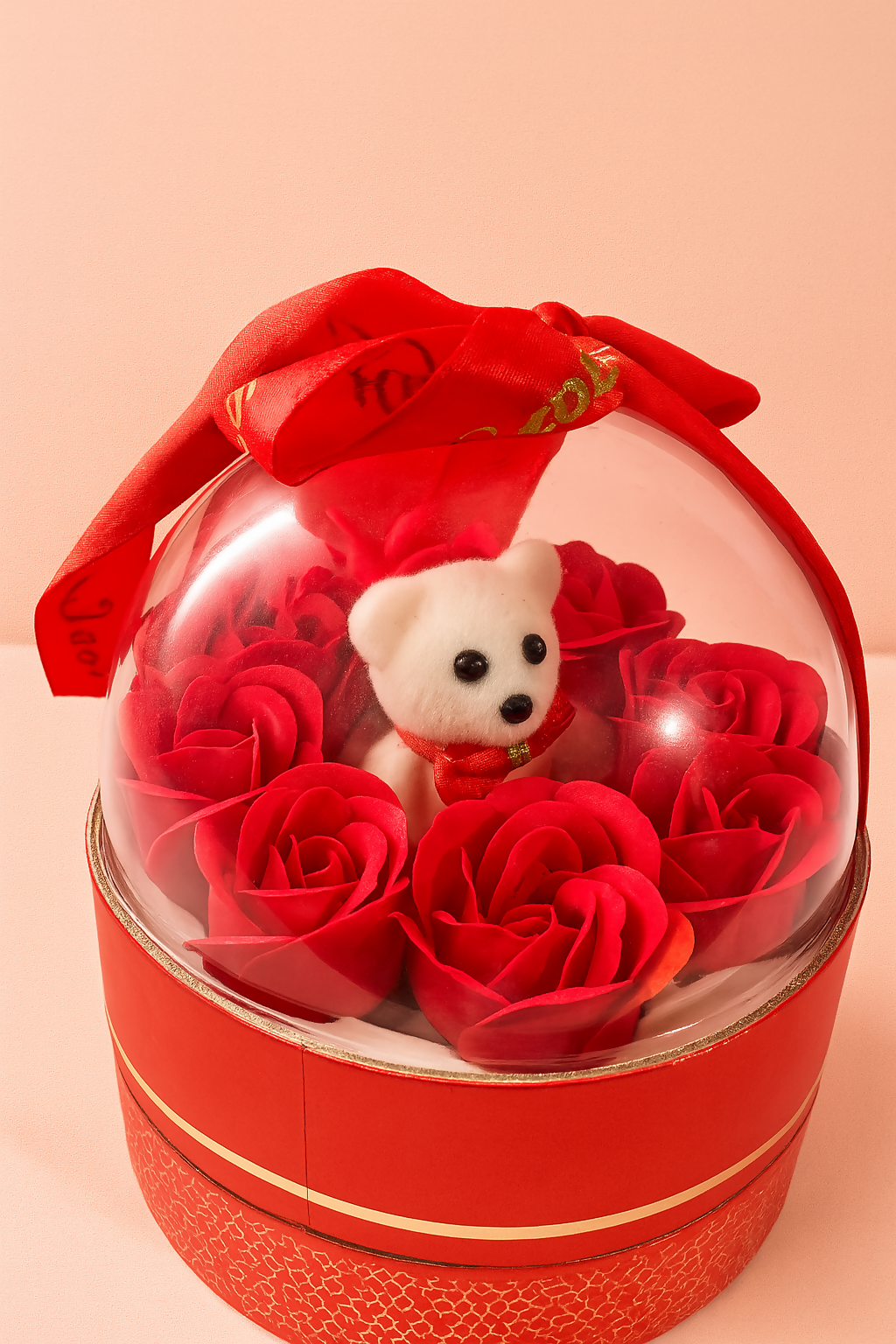 Romantic Red Dome-Shaped Gift Box with Teddy Bear & Artificial Rose Flowers – Best Wishes Gift Hamper for Girlfriend, Wife, Anniversary, Valentine's Day & Birthday – Decorative Round Packaging with Handle