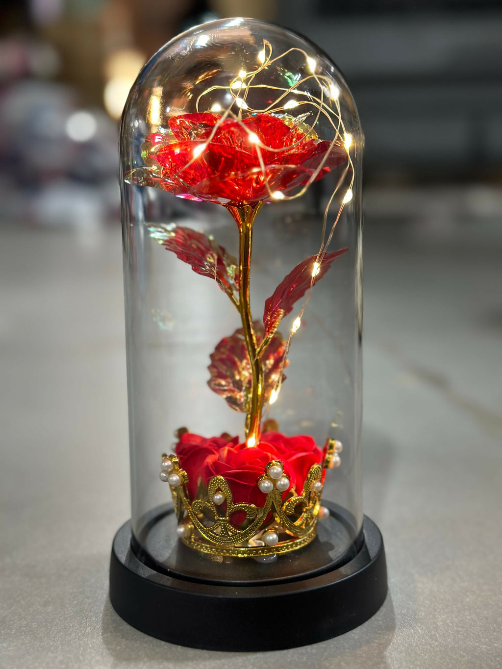 Luxury Enchanted Preserved Red Rose with Golden Crown Base and LED String Lights in Glass Dome – Romantic Gift for Anniversary, Valentine's Day, Birthday, or Home Decor Display