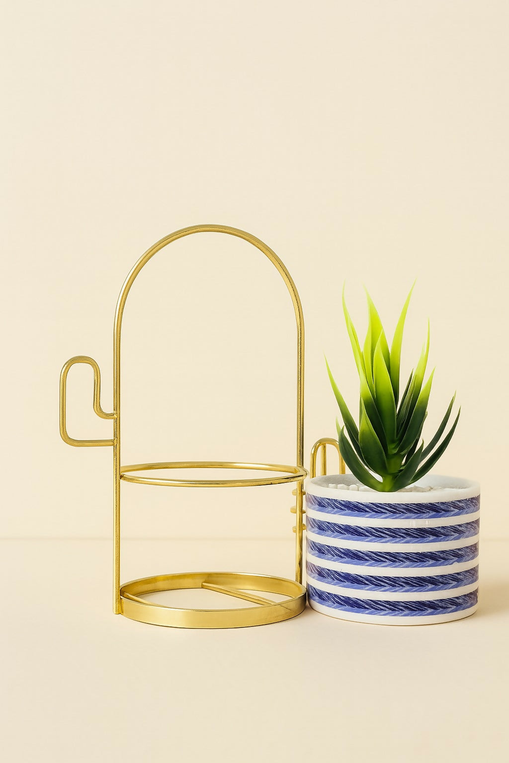 Luxury Golden Metal Frame Ceramic Planter with Artificial Green Plant – Striped Pot Design, Modern Home Decor Accent for Living Room, Office & Gifting