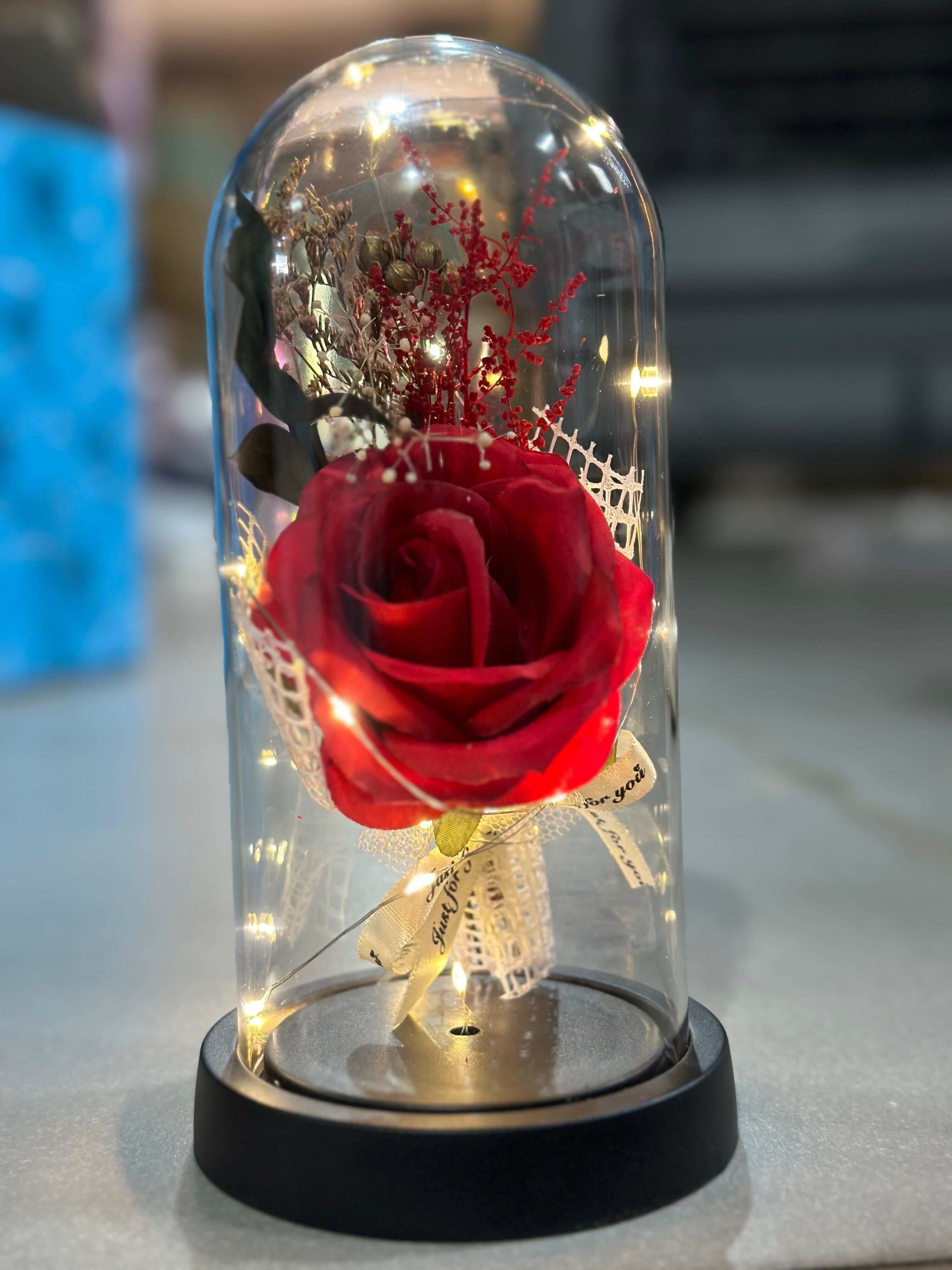Eternal LED Glass Dome Rose – Romantic Artificial Preserved Red Rose with Fairy Lights in Glass on Wooden Base – Enchanted Forever Flower Gift for Her, Valentine’s Day, Anniversary, Birthday, or Home Decor
