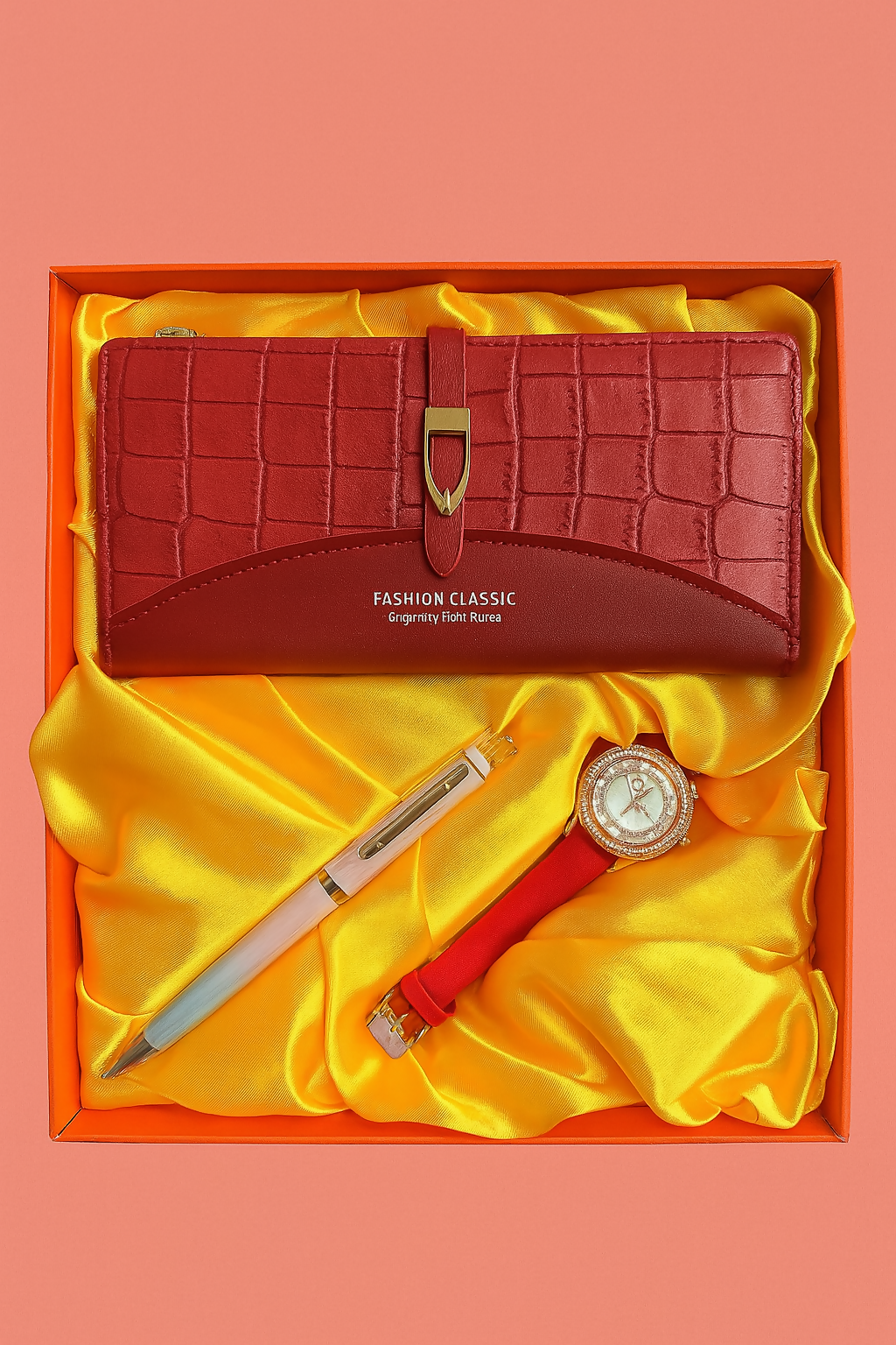 Luxury Red Gift Set for Women – Crocodile Texture Wallet, Elegant Analog Watch & Gradient Pen in Satin-Lined Box | Birthday, Anniversary & Festive Gifting Combo