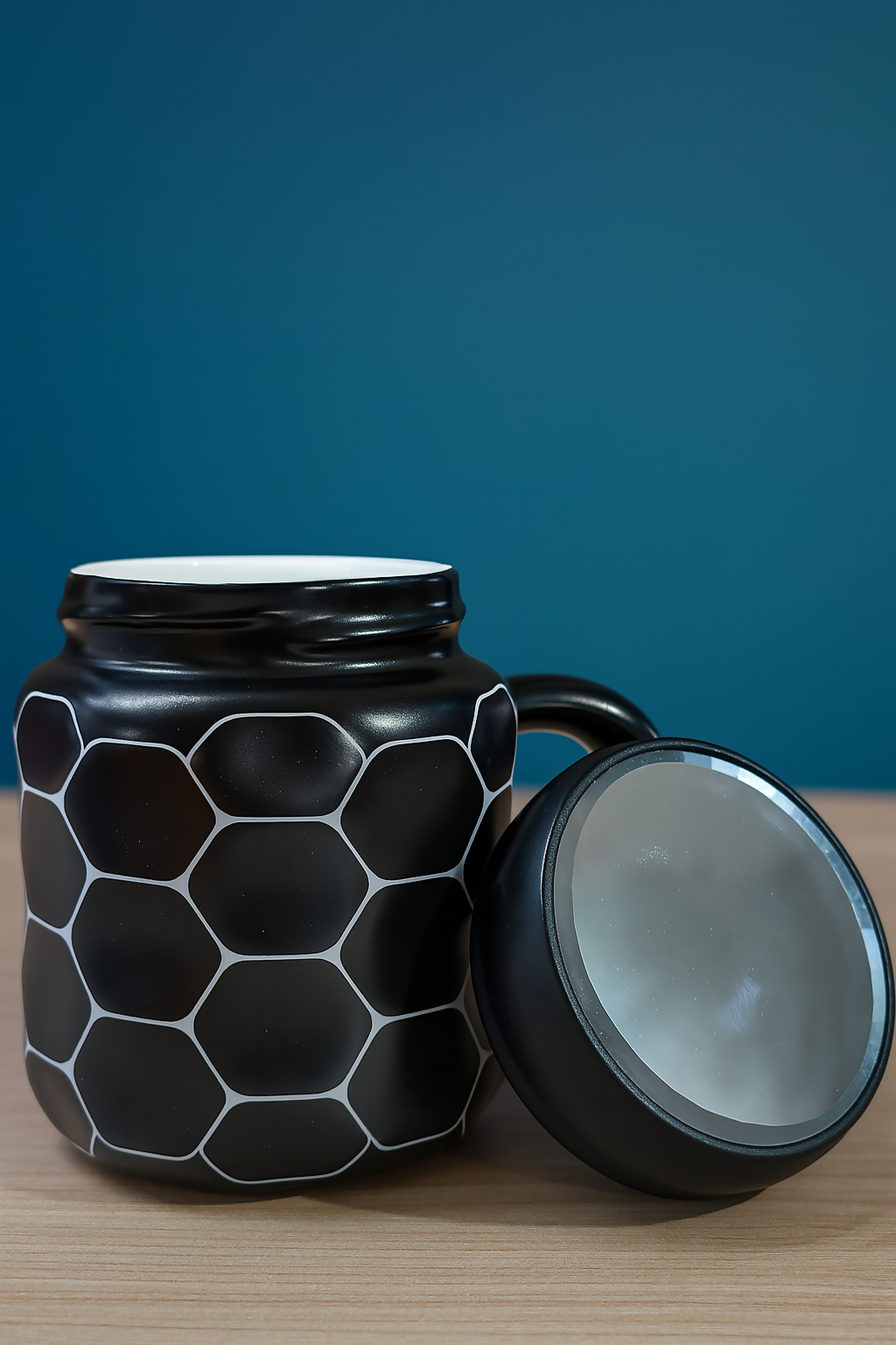 Premium Black Hexagon Pattern Ceramic Coffee Mug with Lid | Insulated Designer Tea Mug for Office & Home | Stylish Textured Matte Finish Cup with Handle
