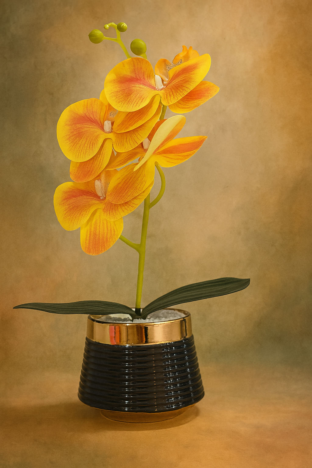 Premium Artificial Yellow Orange Orchid Flower Plant in Glossy Black Ceramic Pot – Decorative Faux Orchid with White Pebbles for Home, Office, Living Room & Gifting
