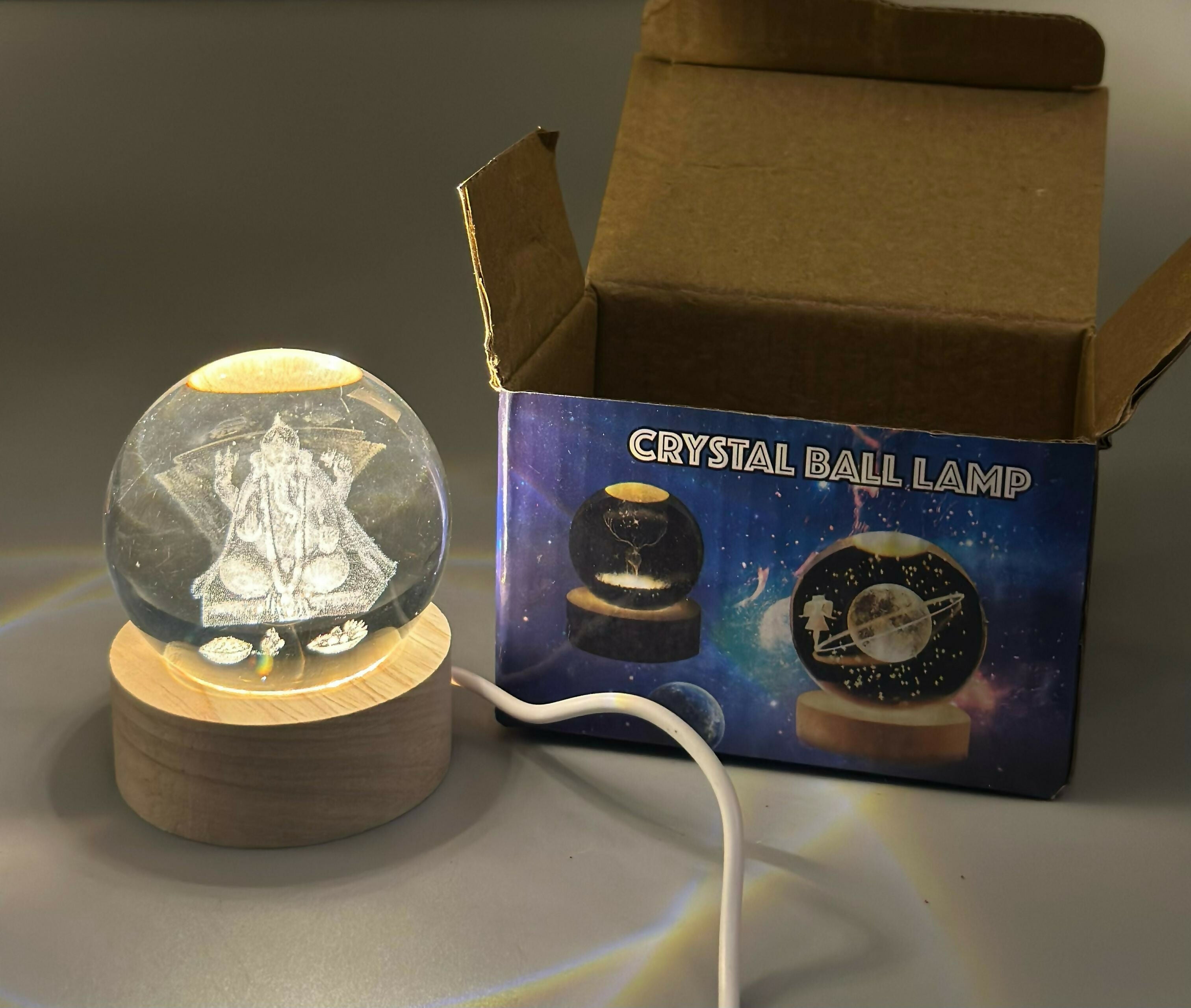 3D Crystal Glass Ball with LED Wooden Base – Engraved Lord Ganesha Decorative Night Light – Spiritual Gift for Home, Mandir, Diwali, Office Desk, and Meditation Décor