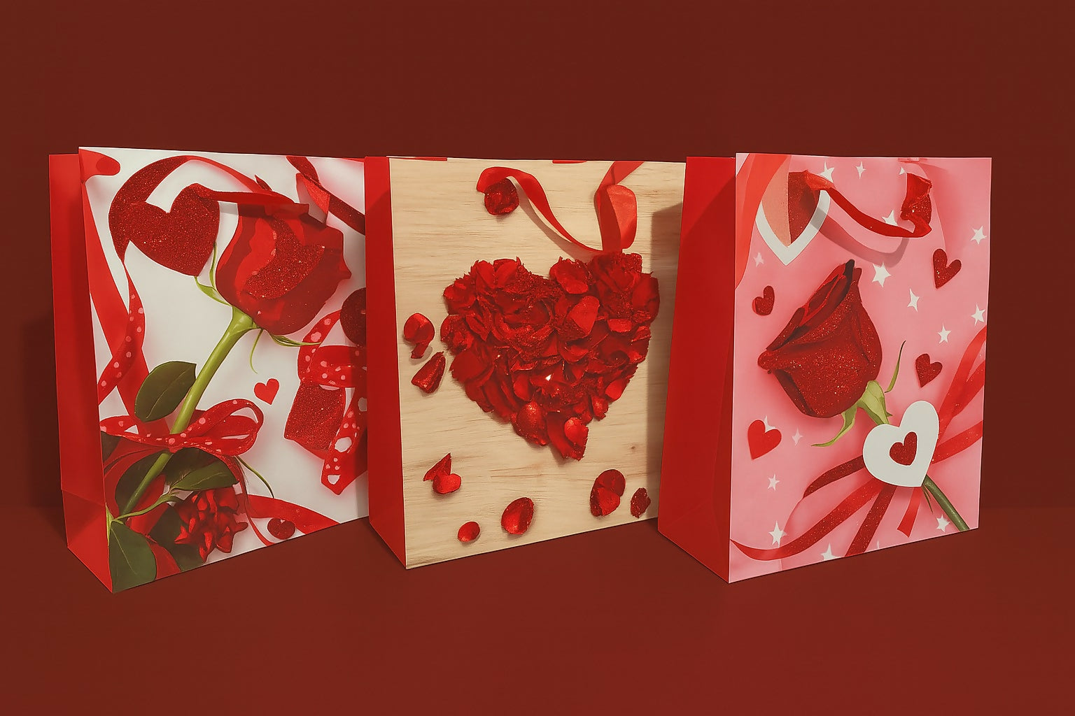 Romantic Rose & Heart-Themed Premium Gift Bags Set – Pack of 3 Medium Size Valentine’s Day and Anniversary Gift Bags with Red Ribbon Handles – Love Theme Party Favor Bags for Him & Her