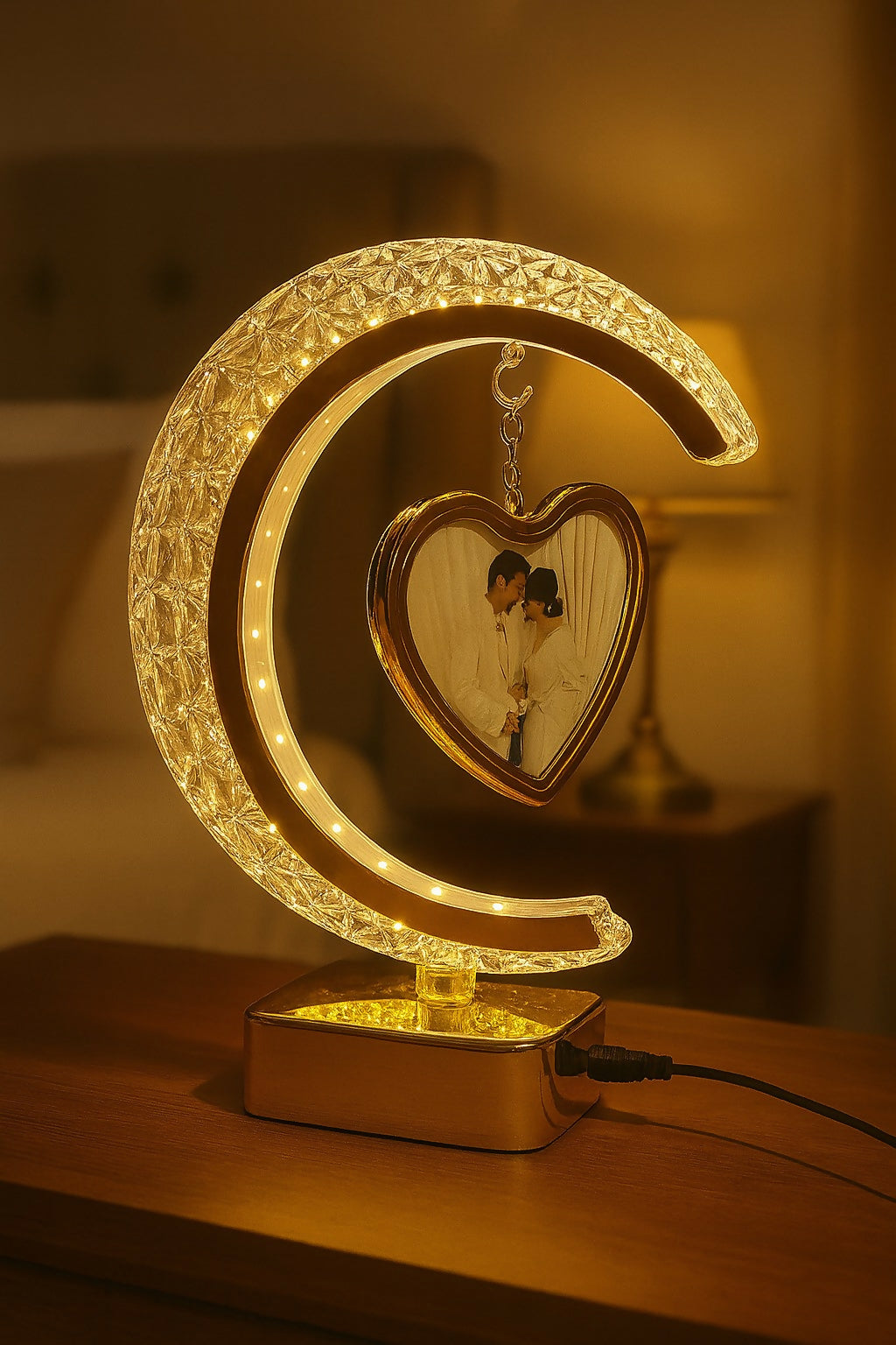 Golden Crescent Moon LED Tabletop Photo Frame with Hanging Heart Picture – Romantic Light-Up Decorative Gift for Wedding, Couple, Anniversary & Bedroom Decor