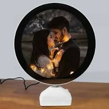 Customized Round LED mirror Photo Frame Lamp with White Base – Personalized Night Light for Couples with Glowing Effect – Romantic Tabletop Décor Gift for Anniversaries, Weddings, Valentine's Day & Special Occasions