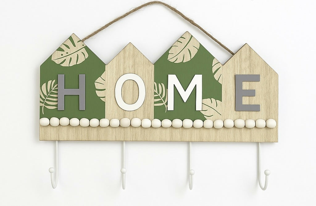 Wooden HOME Key Holder with 4 Hooks – Decorative Tropical Leaf Pattern House Design, Natural Wood Finish with Rope Hanger – Rustic Entryway Organizer for Keys, Hats, or Accessories