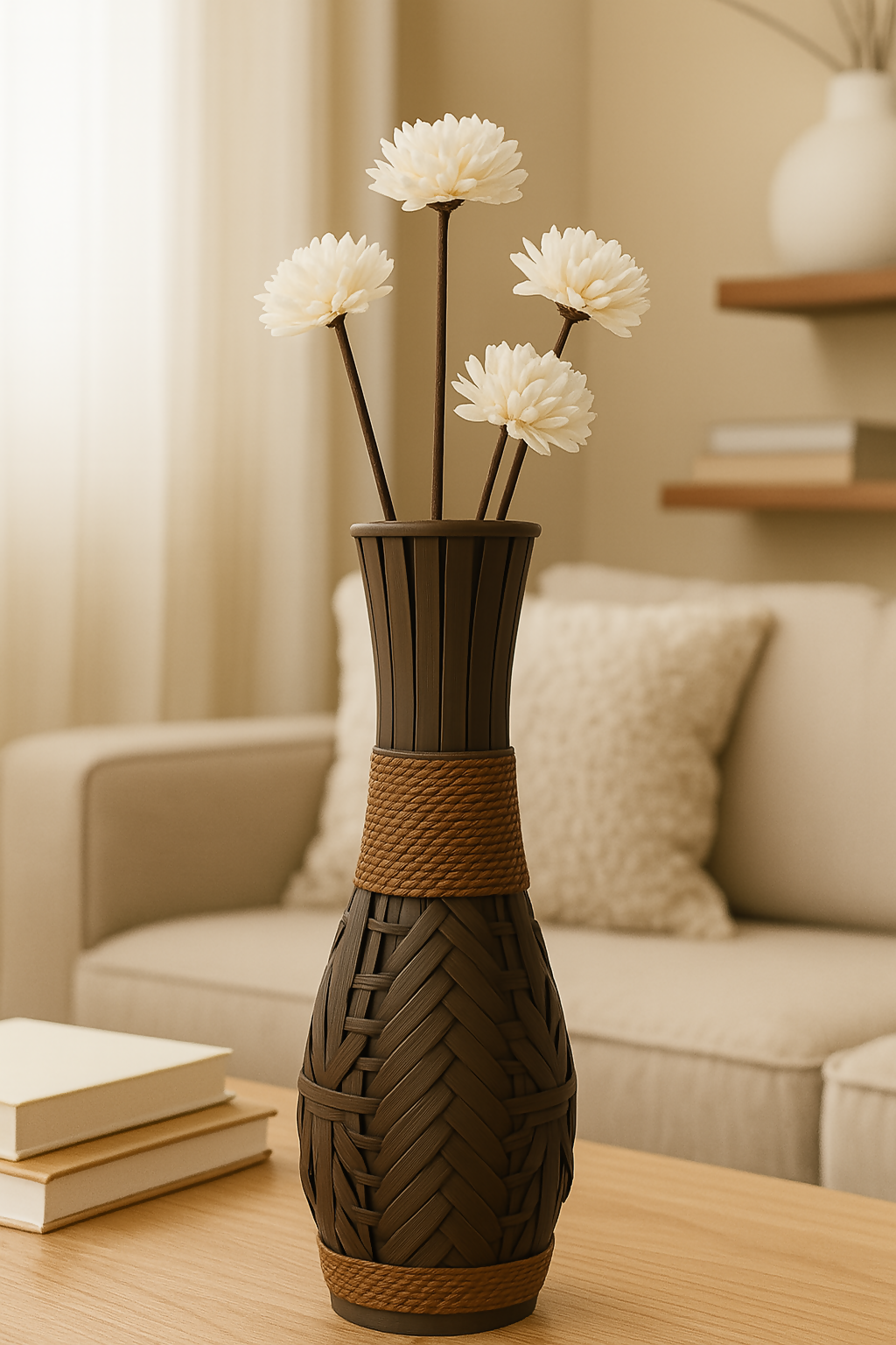 HOME DECOR Handcrafted Woven Brown Decorative Flower Vase with Faux White Flowers | Rustic Rope Wrap Home Décor Accent for Living Room, Table Centerpiece, Shelf & Office Decoration