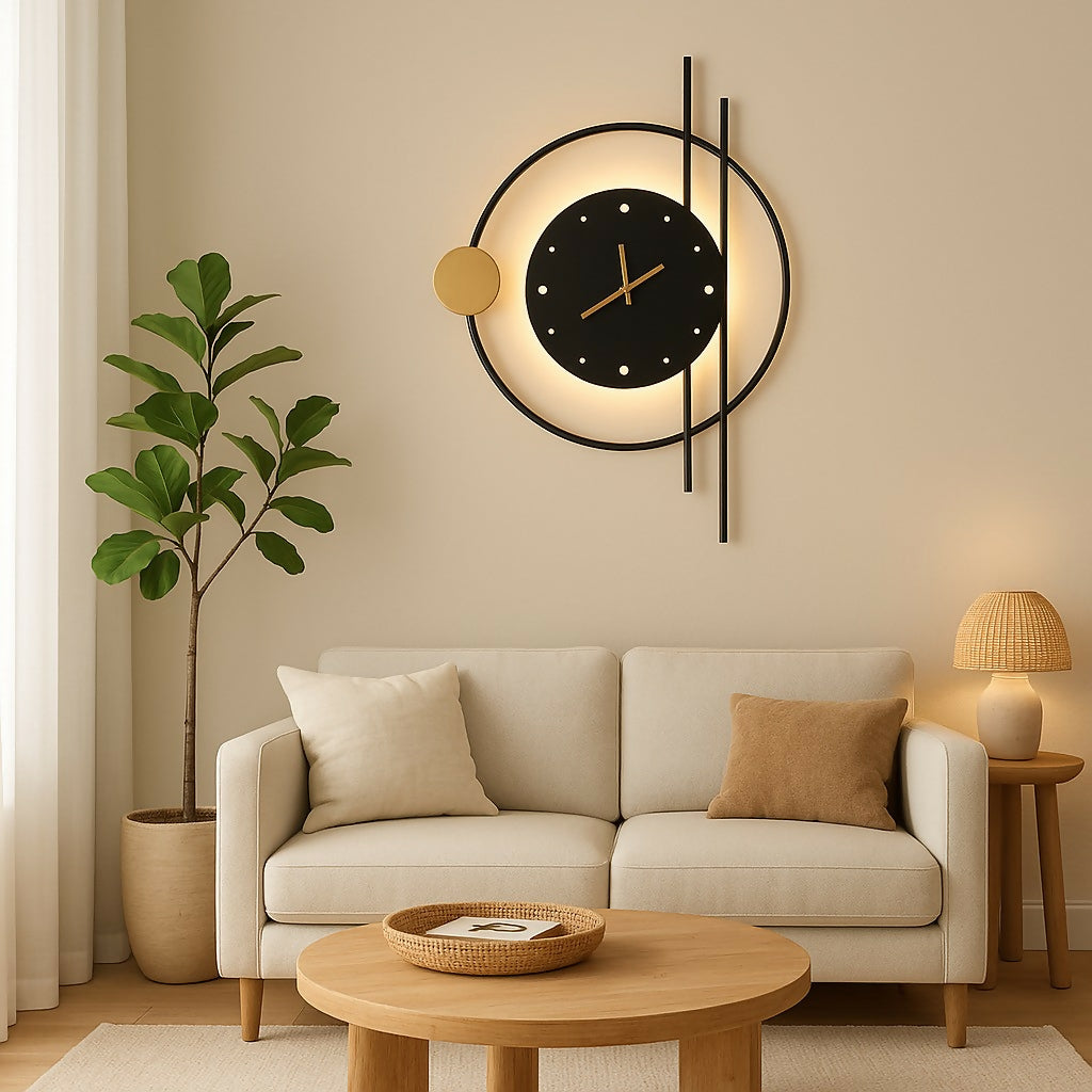HOME DECOR Modern Geometric LED Wall Clock – Designer Black & Gold Circle Wall Clock with Backlit Lighting for Living Room, Bedroom & Office – Stylish Silent Decorative Clock for Contemporary Home Interiors