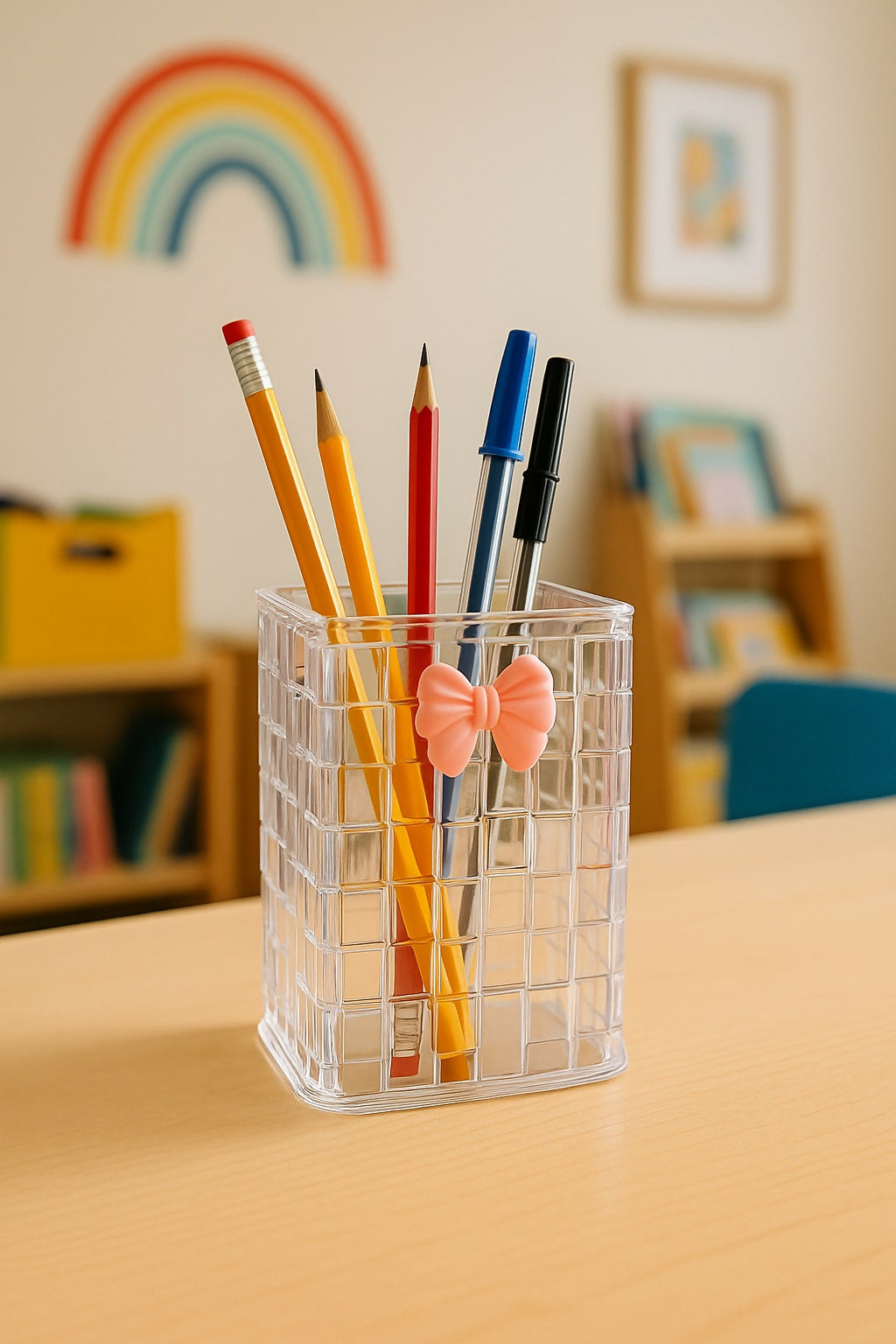 Transparent Grid Pattern Plastic Pen Holder with Cute Bow Design – Multipurpose Desk Organizer for Pencils, Pens, Markers & Stationery – Stylish Tabletop Storage for Home, Office, Kids Study Table & Classroom