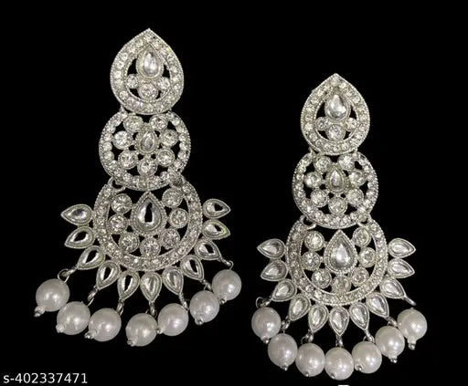 Silver Plated Long Diamond and Pearl Earrings