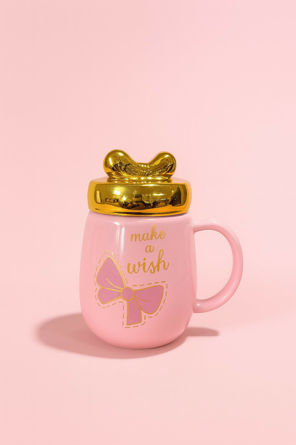 Make a Wish Pink Ceramic Coffee Mug with Golden Lid and Bow Design – Cute Gift for Girls, Women, or Kids – 350ml Stylish Tea Cup with Inspirational Quote