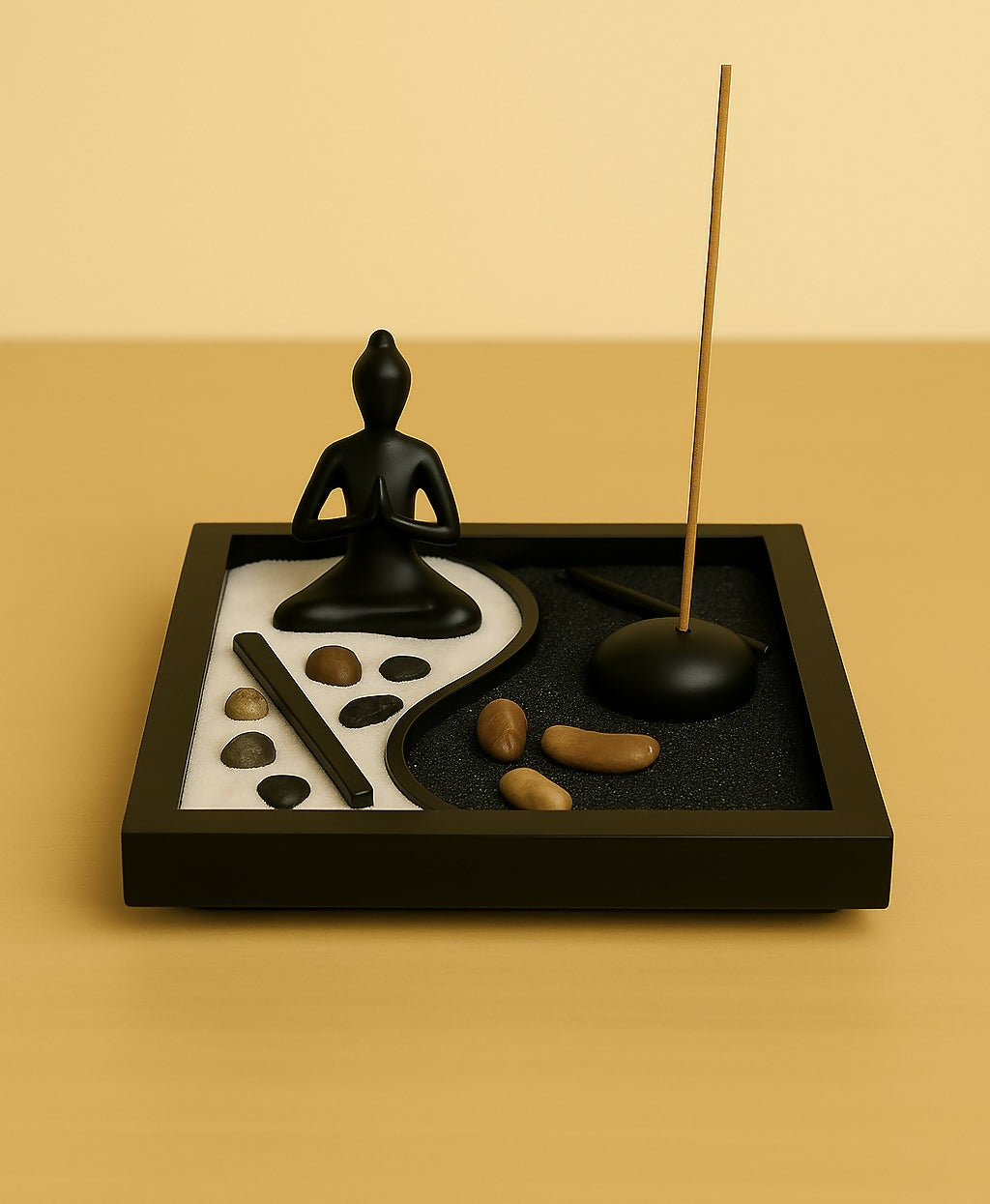 Black & White Yin Yang Mini Zen Garden – Meditation Tray with Statue, Candle Holder, Incense Stick Stand & Natural Stones – Peaceful Desk Decor