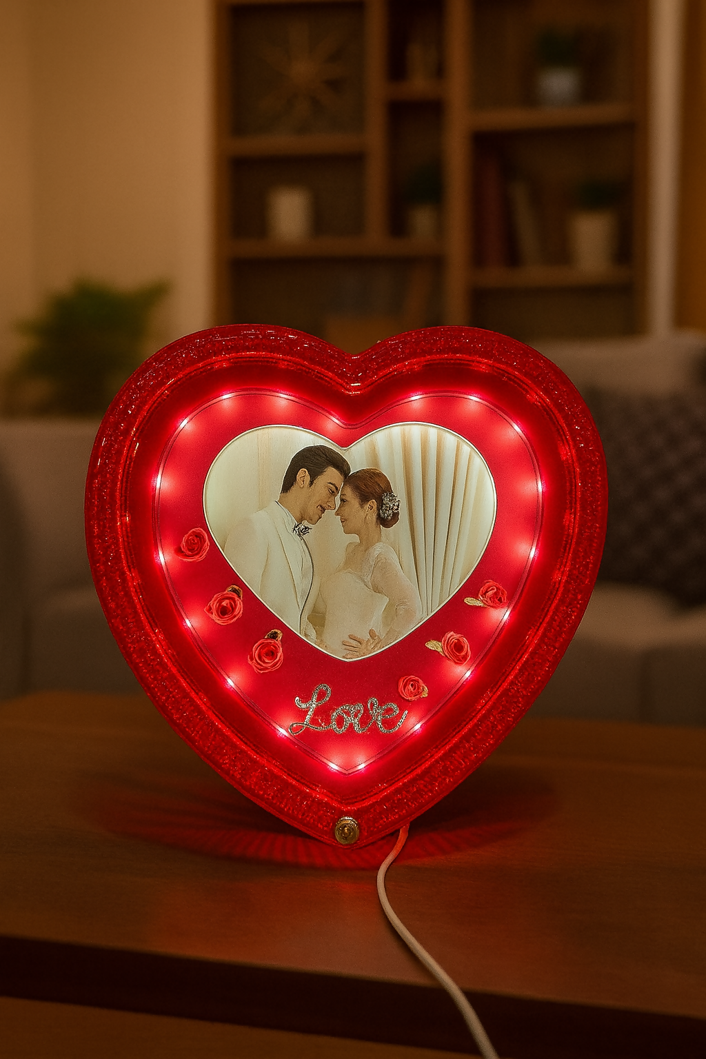 Heart-Shaped LED Love Photo Frame | Romantic Red Glowing Picture Frame with Roses & “Love” Design | 4x6 Inch Couple Photo Frame | Perfect Gift for Wedding, Anniversary, Valentine’s Day & Home Décor