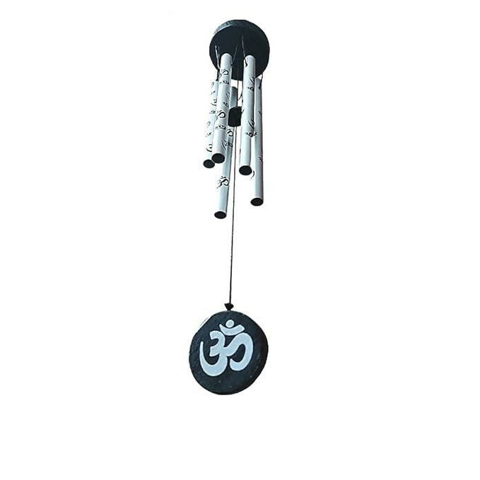 Spiritual Om Wind Chime with Metallic Pipes – Sacred Sound Feng Shui Wind Bell for Positive Energy, Home Decor, Balcony, Garden, or Meditation Room – Silver and Black Hanging Chime with 'Om' Symbol
