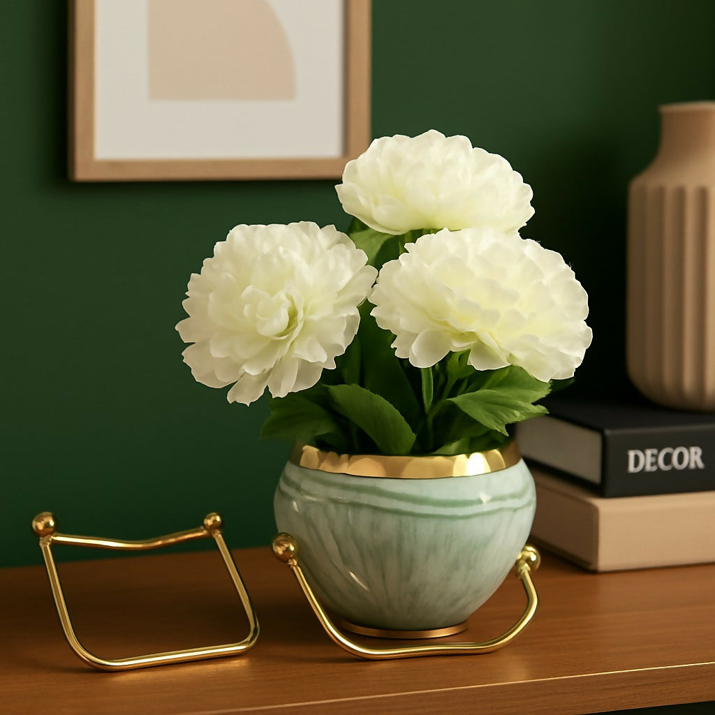 Luxury Artificial White Peony Flower Arrangement in Marble Finish Ceramic Pot with Gold Rim – Elegant Home Décor Table Centerpiece with Metal Stand for Living Room, Office, and Gifting