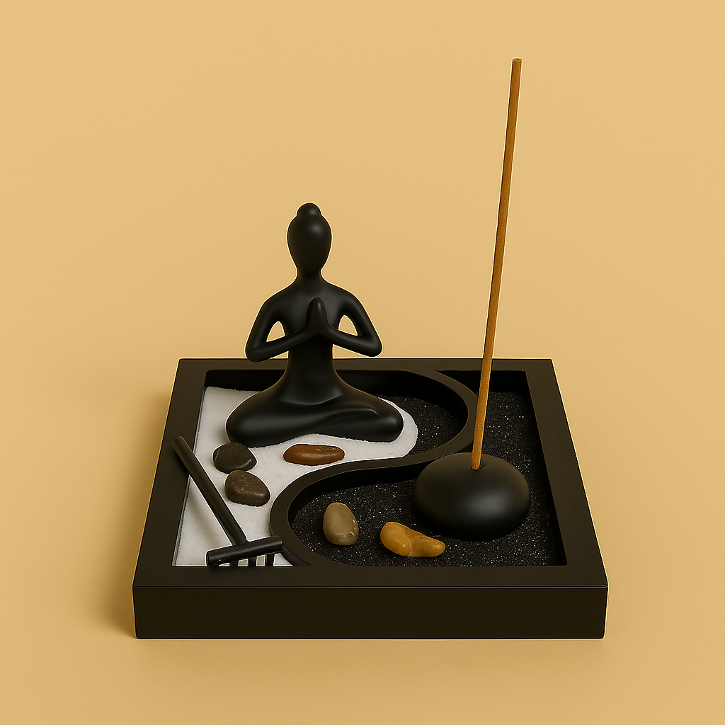 Minimalist Zen Garden Decor Set – Yin Yang Meditation Tray with Black Meditating Statue, Stones, Sand & Incense Stand – Relaxation Gift for Home & Office