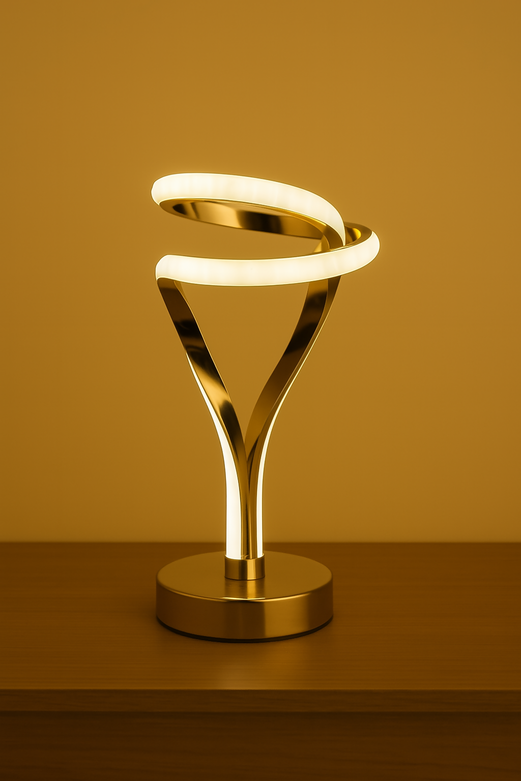 HOME DECOR Premium Golden LED Spiral Table Lamp for Living Room, Bedroom, Office – Modern Touch Control Ambient Light with Artistic Loop Design and Warm White Glow