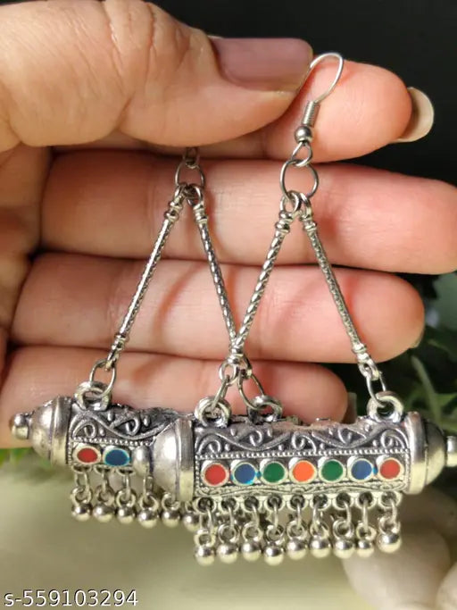 Oxidised Silverplated Long Jumka style Erring With Multicolored Stones