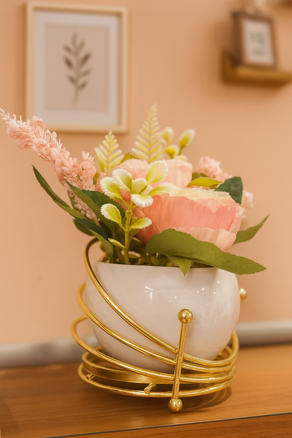 Elegant Artificial Peach Pink Flower Arrangement in White Ceramic Pot with Golden Metal Stand – Faux Rose & Hydrangea Floral Centerpiece for Home, Office, Living Room & Gifting