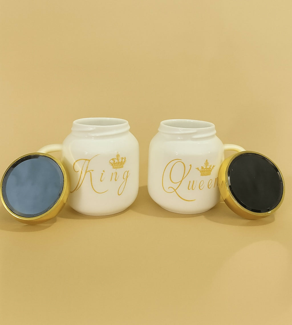 King and Queen Ceramic Mug Set with Golden Lids – White Couple Coffee Mugs in Gift Box – Romantic His and Her Tea Cups – Premium Fishon Ceramics Matching Gift Set