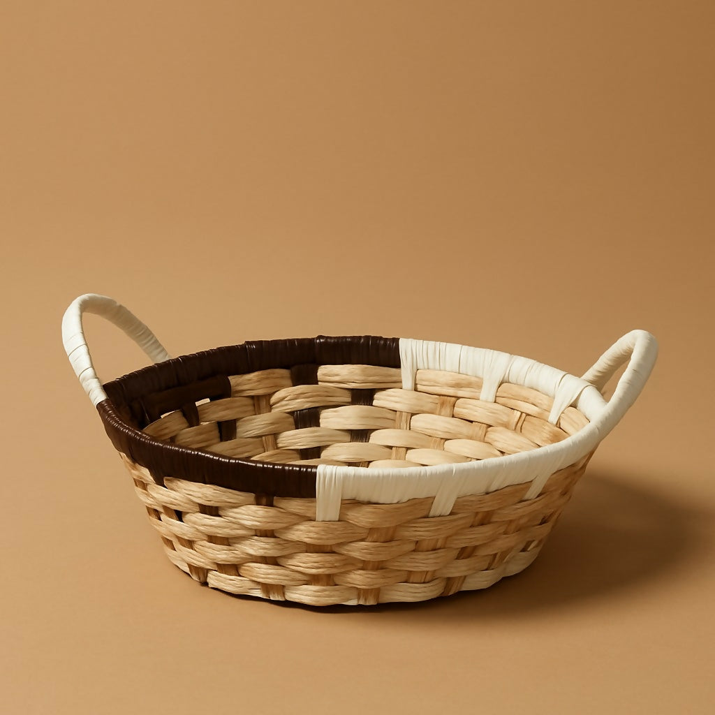 Handmade Multi-Tone Woven Storage Basket with Handles – Natural & Brown Round Organizer Tray for Fruits, Bread, Home Decor & Kitchen Use