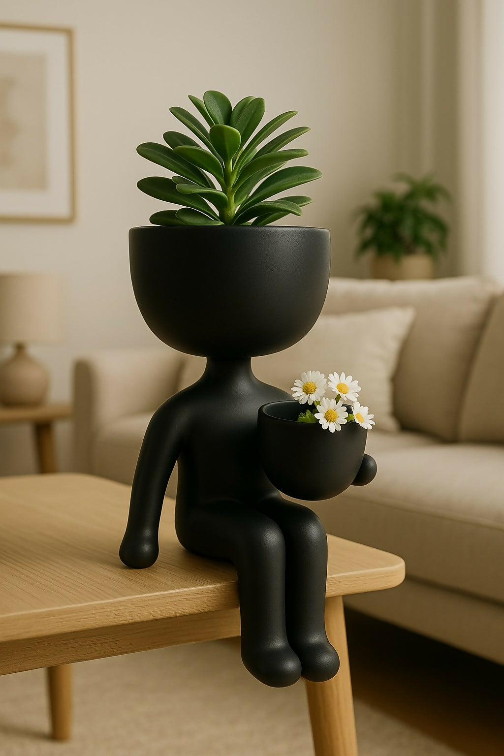 HOME DECOR Modern Black Human Figurine Dual Planter Pot – Quirky Sitting Man Resin Planter with Head & Hand Pots for Succulent & Flower Display – Home Decor Accent for Living Room, Office, or Gifting (Matte Black Finish)