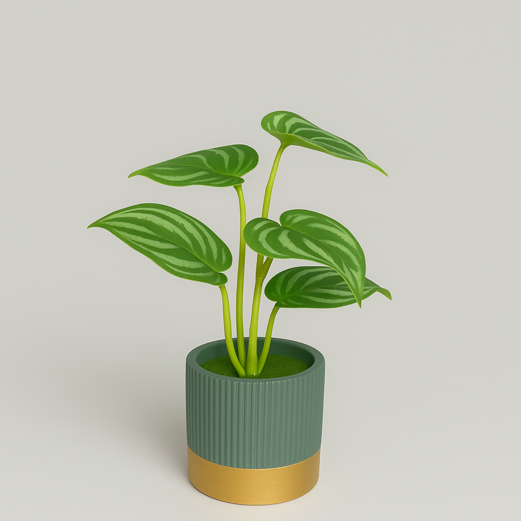 Artificial Monstera Plant in Premium Ribbed Ceramic Pot with Golden Base | Small Faux Indoor Desk Plant for Home, Office, Bedroom & Table Décor