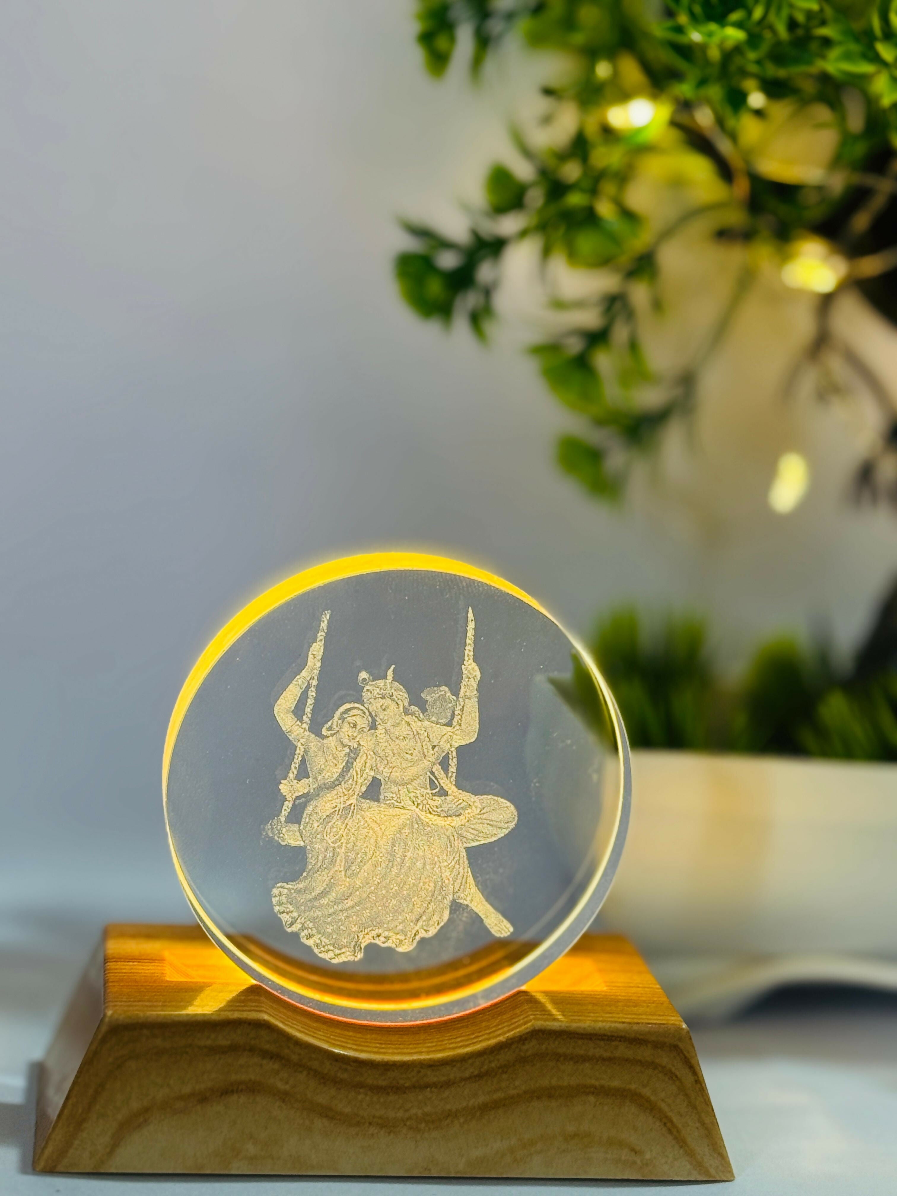 Radha Krishna Swing 3D LED Night Lamp with Wooden Base | Laser Engraved Acrylic Light for Home Temple, Spiritual Decor & Festive Gifting | Romantic Glow Mood Lamp for Bedroom & Living Room