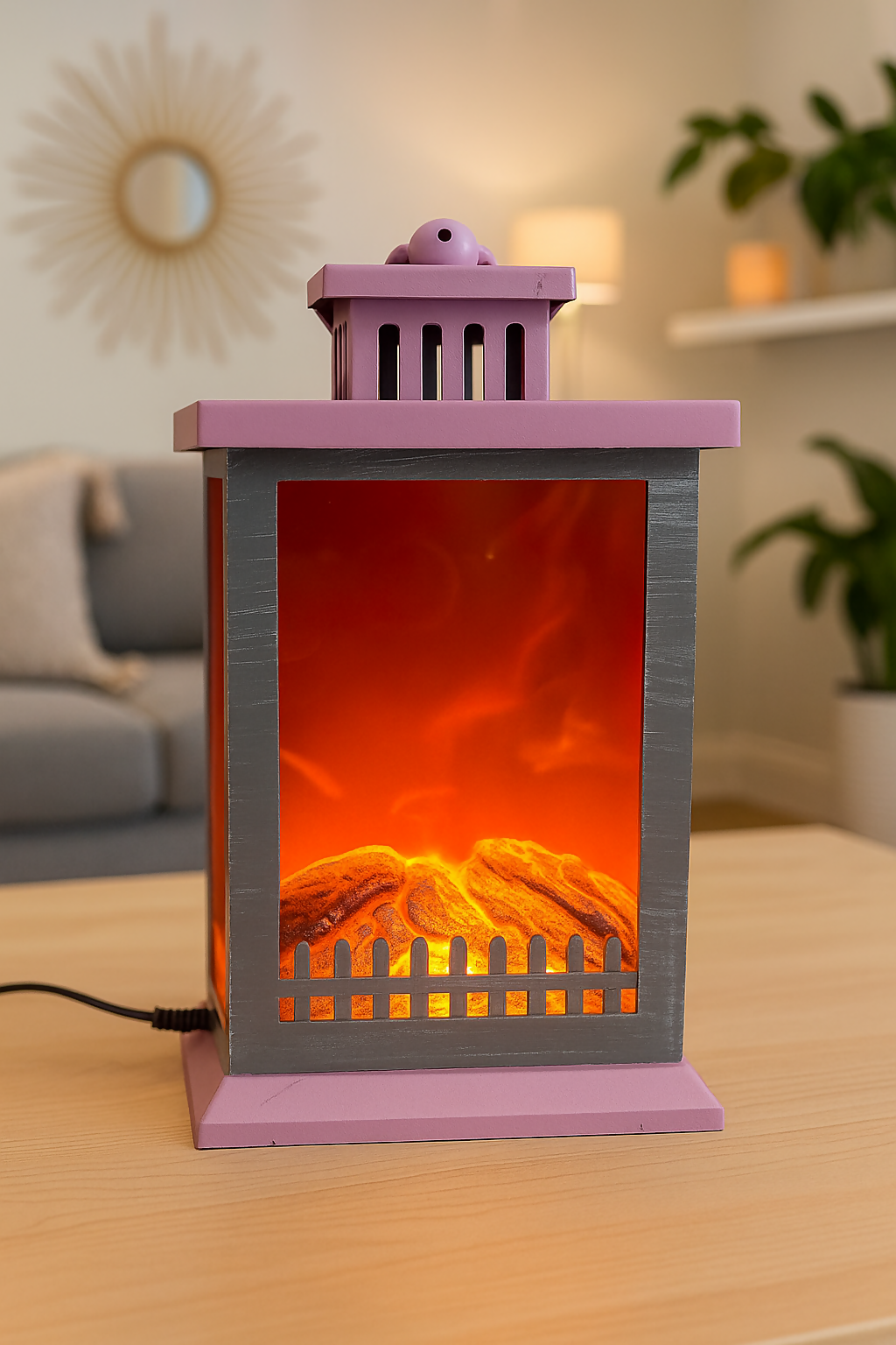 Vintage-Style Purple Electric Lantern Fireplace lamp with Realistic Flame Effect – Decorative LED Tabletop Flame Light with Faux Log Design for Home, Bedroom, or Living Room Ambience Décor
