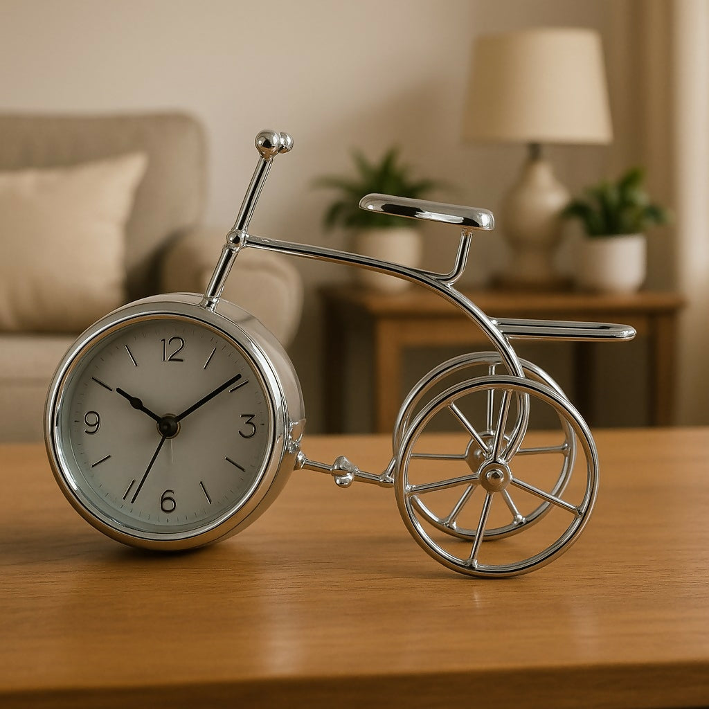 HOME DECOR Vintage Bicycle Shape Table Clock – Retro Style Metal Analog Desk Clock with Silver Finish for Living Room, Office, and Home Decor – Unique Gift for Men, Women, and Bike Lovers