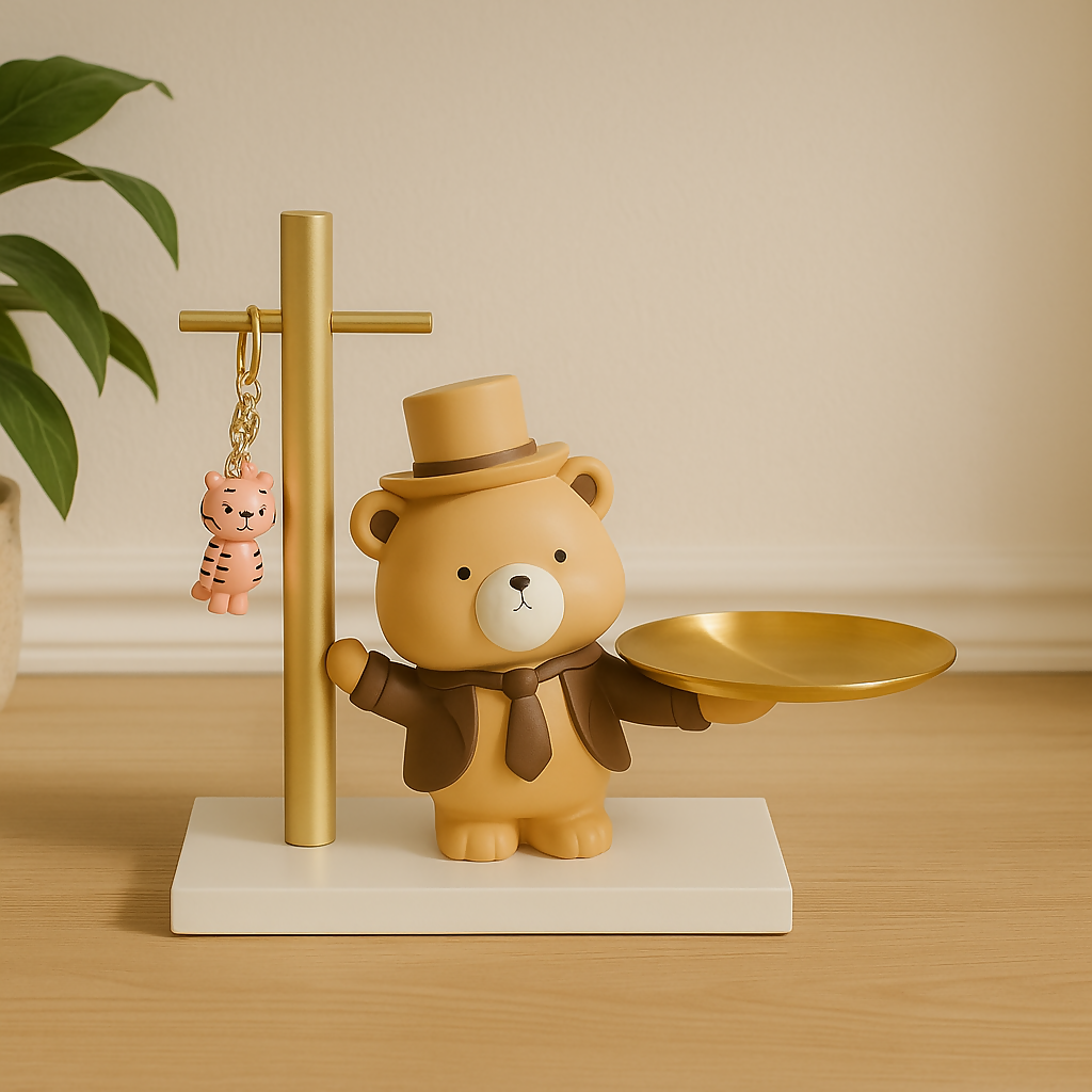 HOME DECOR Adorable Bear Butler Key Holder & Trinket Tray with Hanging Hooks – Cute Resin Organizer Stand for Desk, Entryway & Kids Room