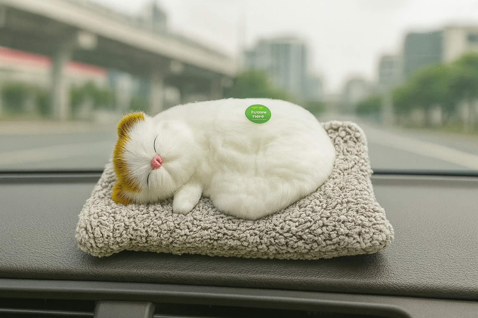 Realistic Sleeping White & Orange Plush Cat Toy with Soft Bed – Faux Breathing Kitten for Car Dashboard & Home Decor – Cute Gift for Pet Lovers, Kids & Animal Enthusiasts