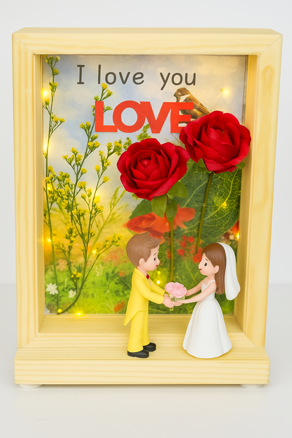 Forever Love Wooden Shadow Box with LED Lights photoframe, Rose Flowers and Couple in Love – Romantic Keepsake Gift for Anniversary, Proposals or Bedroom Decor