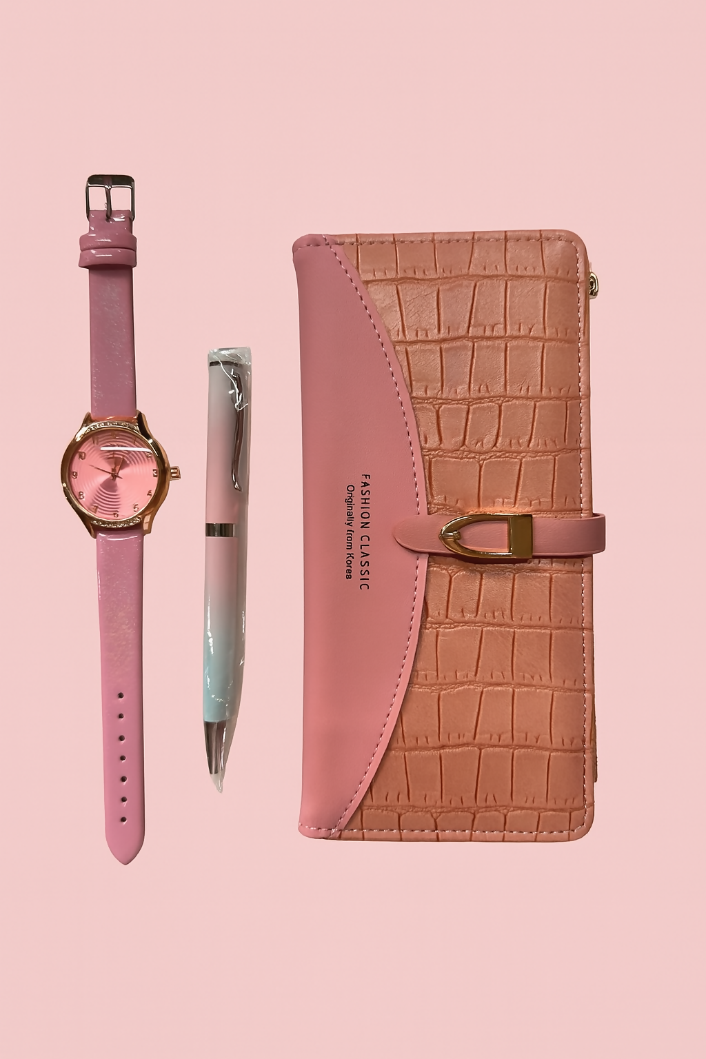 Luxury Gift Set for Women – Pink Wallet, Elegant Watch & Gradient Pen in Orange Gift Box | Stylish Birthday, Anniversary & Festive Gift Combo