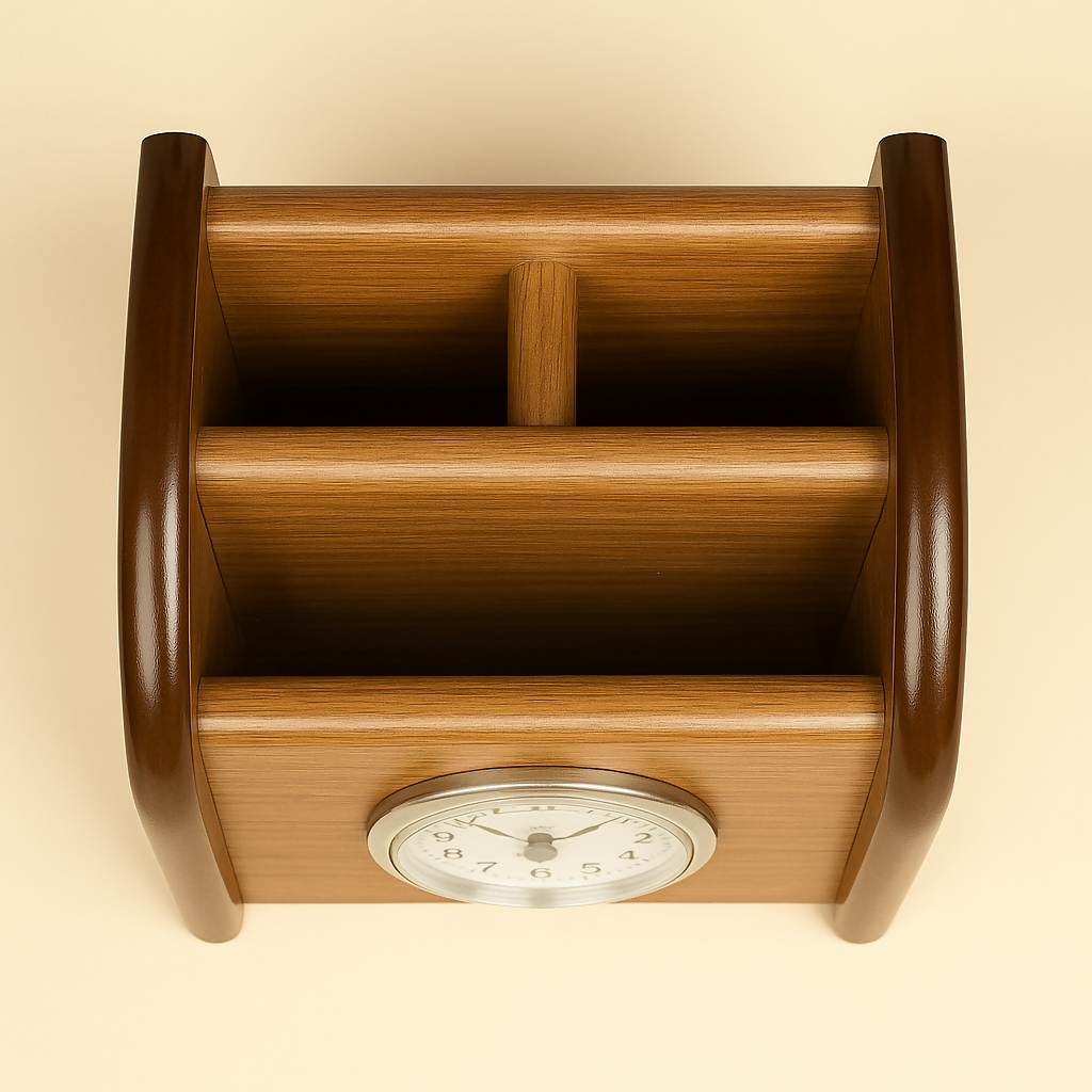 Premium Wooden Desk Organizer with Built-in Analog Clock – Multifunctional Tabletop Stationery Holder for Office, Home & Study Desk – Vintage Walnut Finish with Dual Storage Slots and Classic Timepiece