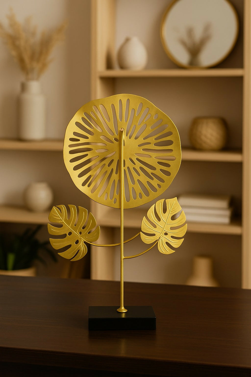 HOME DECOR Handcrafted Metal Flower Table Decor with Abstract Leaf Design – Golden Floral Art Sculpture on Black Base – Modern Home & Office Desktop Showpiece for Living Room, Hall, Reception & Gifting