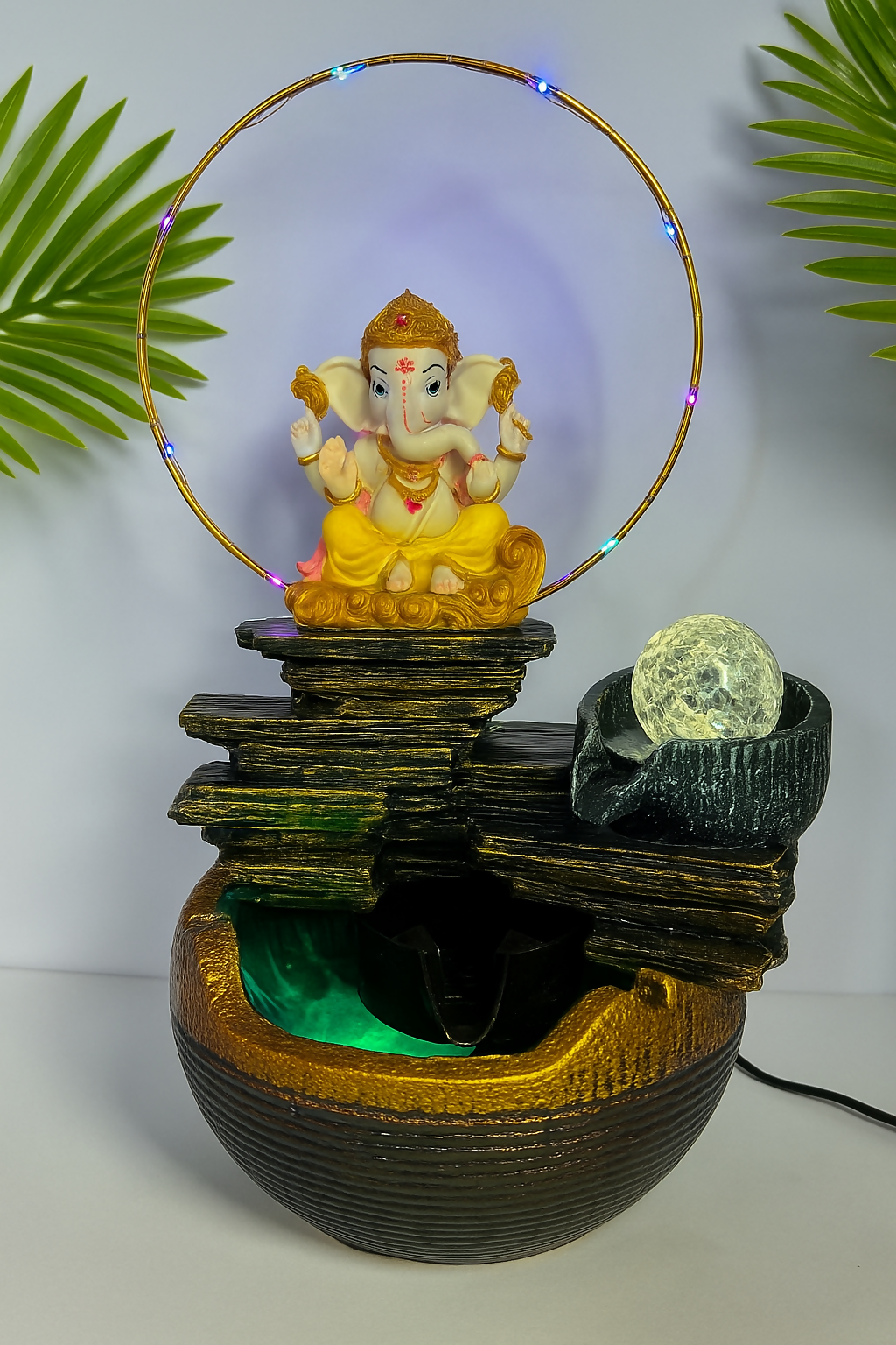 Ganesh Ji Indoor Water Fountain with LED Ring Light & Rotating Crystal Ball – Decorative Tabletop Fountain for Home Office Temple Vastu Gift – Electric Feng Shui Waterfall Showpiece (Multicolor