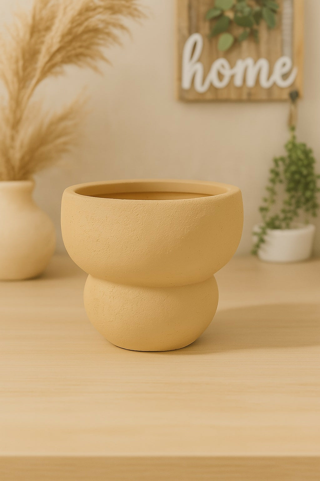 Modern Sand Beige Textured Ceramic Planter Pot for Indoor Outdoor Decor – Contemporary Round Double-Bulge Design – Minimalist Plant Container for Succulents, Flowers, Herbs