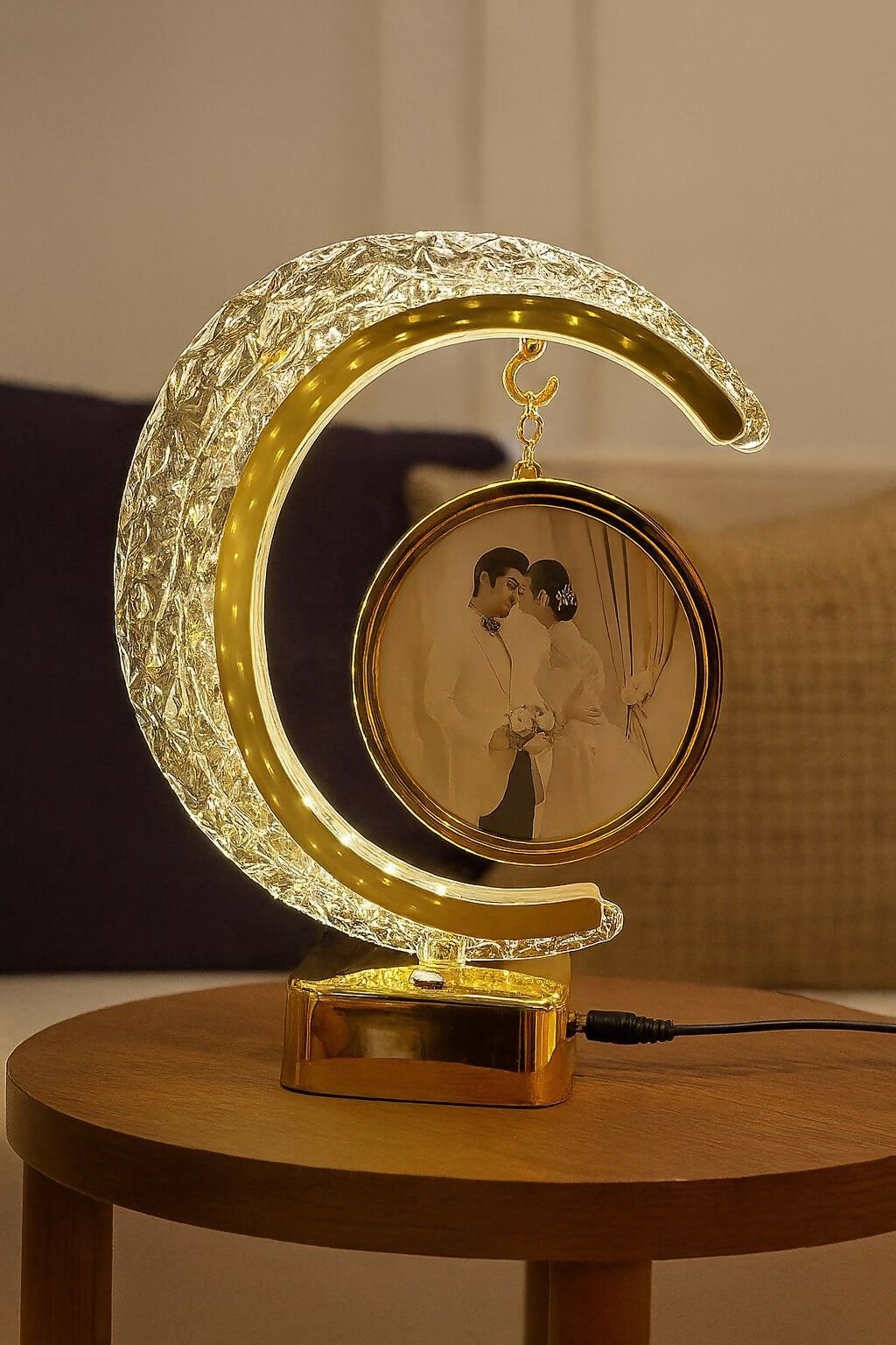 Crescent Moon Crystal LED Photo Frame Lamp – Personalized Rotating Hanging Frame with Warm Light – USB Powered Night Lamp for Bedroom, Anniversary, Wedding & Romantic Gifting