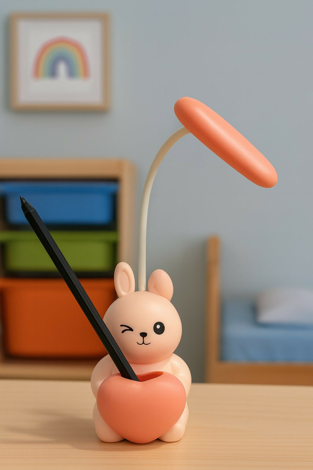 Cute Bunny LED Desk Lamp with Pen Holder & Heart Design – Flexible Gooseneck, Eye Protection Study Light for Kids, Rechargeable Night Lamp for Bedroom, Study Table, and Gift Purpose