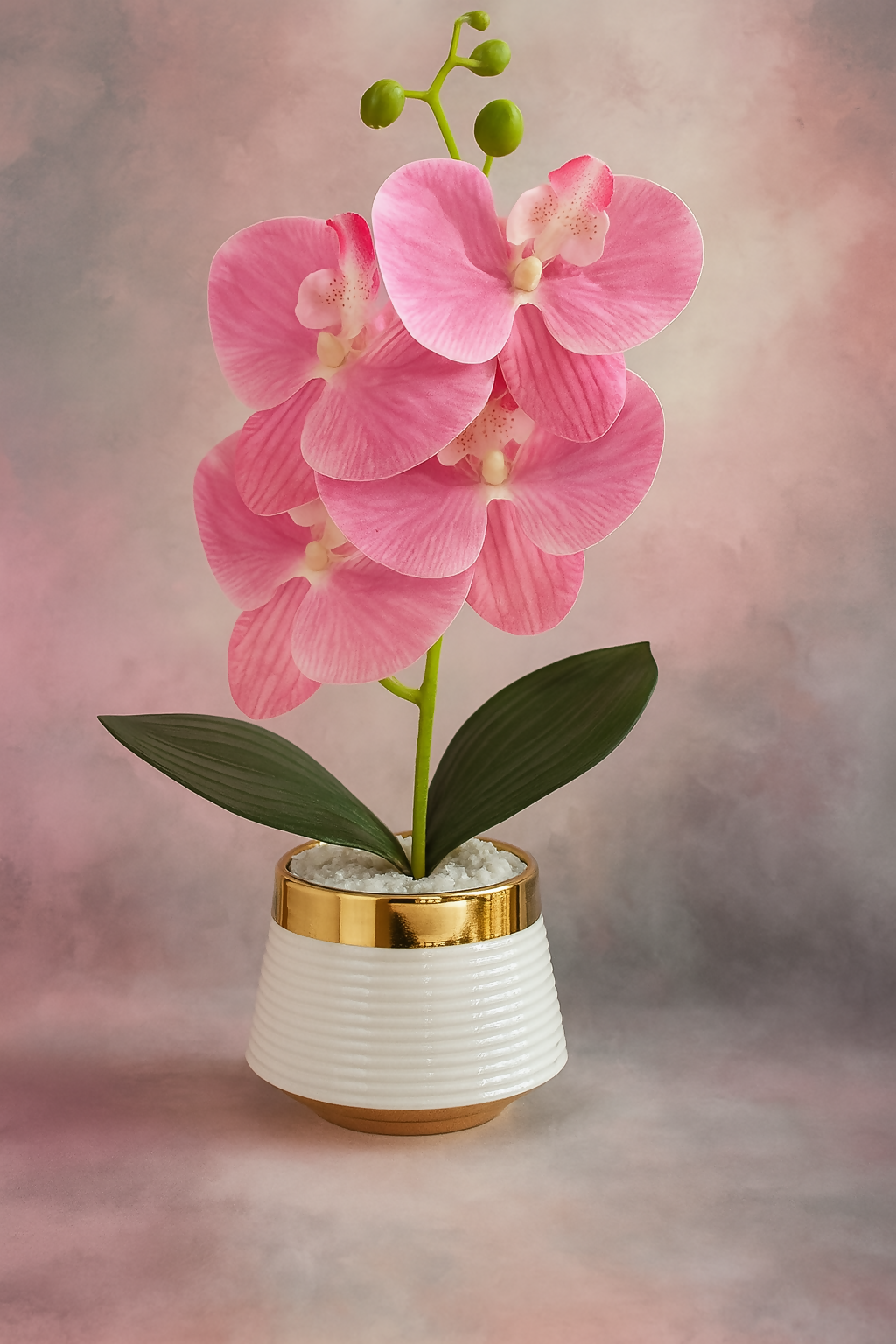 Luxury Artificial Pink Orchid Flower Plant with Ceramic Pot – Elegant Faux Orchid Decoration with White Pebbles for Home, Office, Living Room, Bedroom & Gift Use