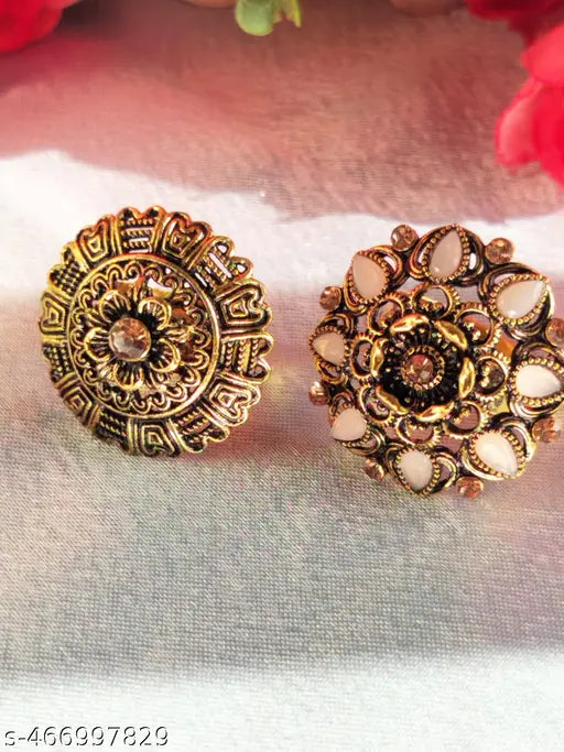 Combo of 2 Weddingwear Gold Plated Traditional FingerRings With Different Colour Stones