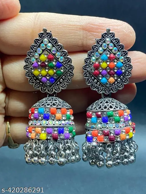 Oxidised Solver Multicolored Stones Brass Jhumka for Women's & Girls