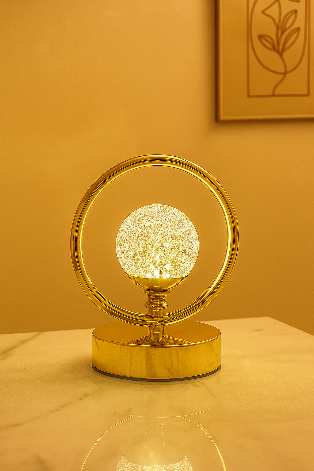 Modern Golden Ring Crystal Globe LED Table Lamp – Elegant Warm White Decorative Night Light for Living Room, Bedroom, Office, or Gifting – Luxury Metal Ambient Light with Contemporary Design